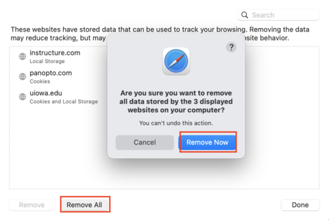 Prompt to Remove Now after selecting Remove All in Safari Privacy menu in macOS