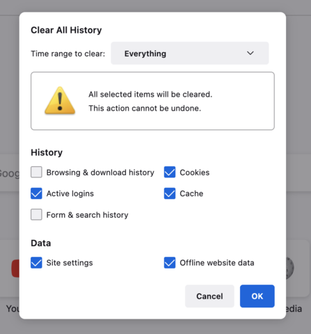 Pop-up box with the Clear All History options. Selected Time range to clear is set to everything.Under History, Active logins, Cookies, and Cache are checked. Under data, Site settings and Offline website data are checked.