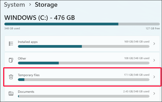 In the storage menu, select "Temporary Files."