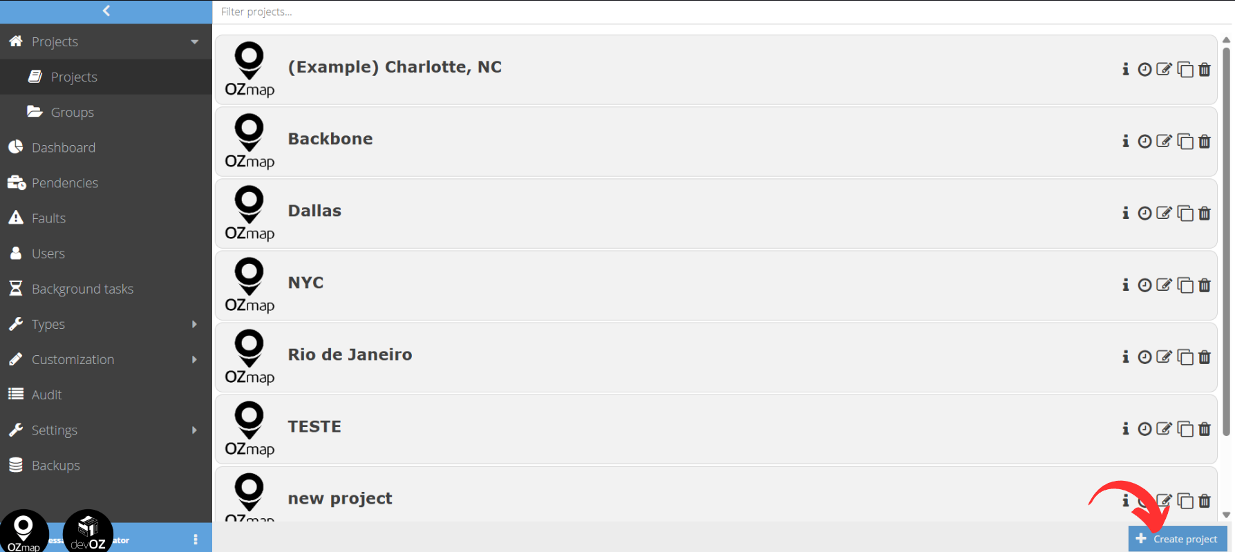 How to create a project in ozmap
