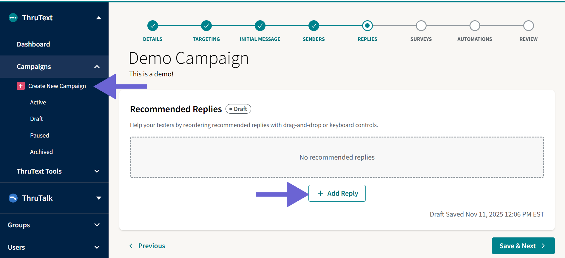 Screenshot of the Recommended Replies header at the top of the page with a magenta "Create New Reply" button to its right, highlighted by a green rectangle around the button.