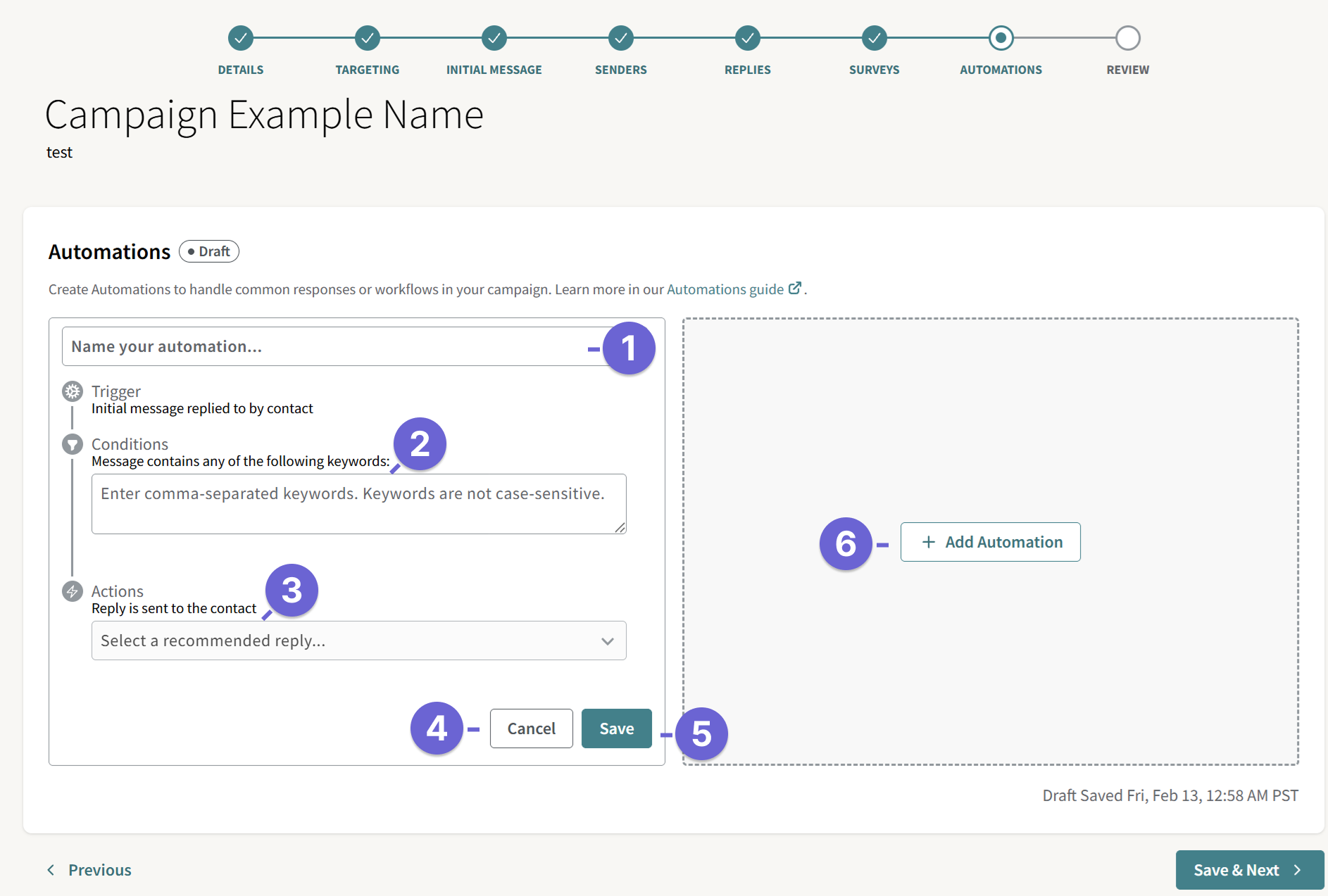 Automations tab during the campaign creation process