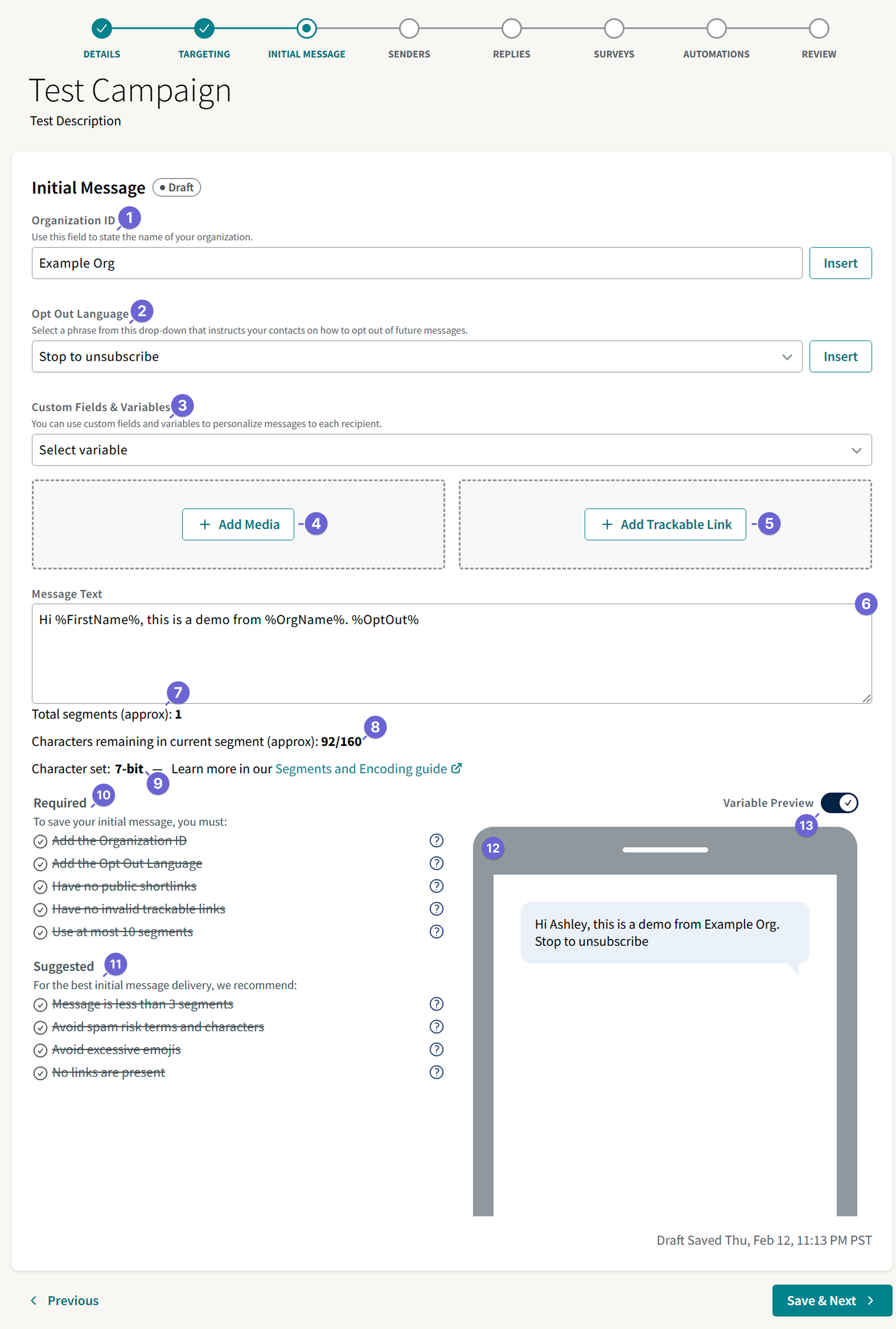 Screenshot of the initial message step of campaign creation.