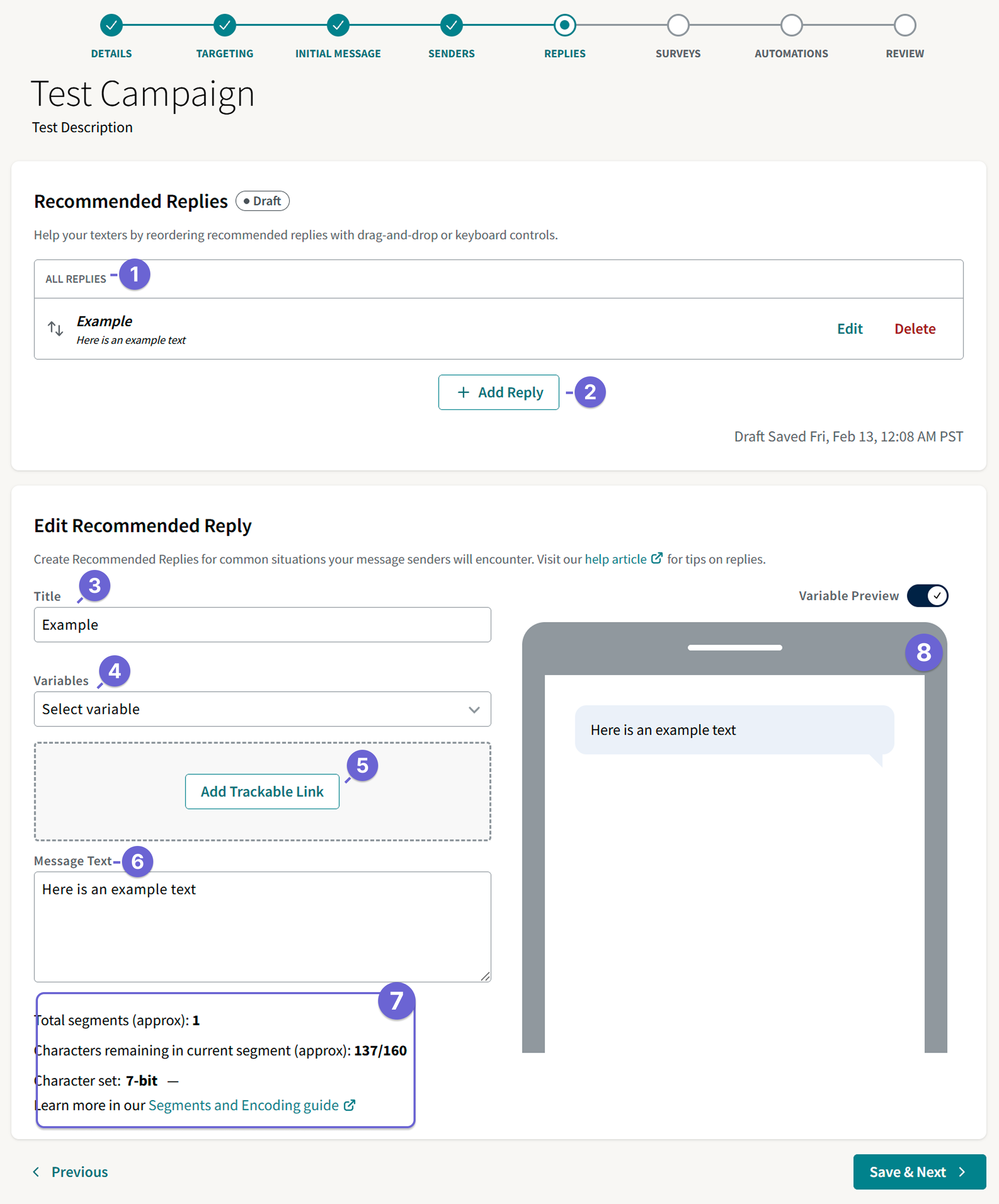 Screenshot of the Recommended Replies page. The teal bubble is now above the word "Replies" in the navigation at the top of the page.