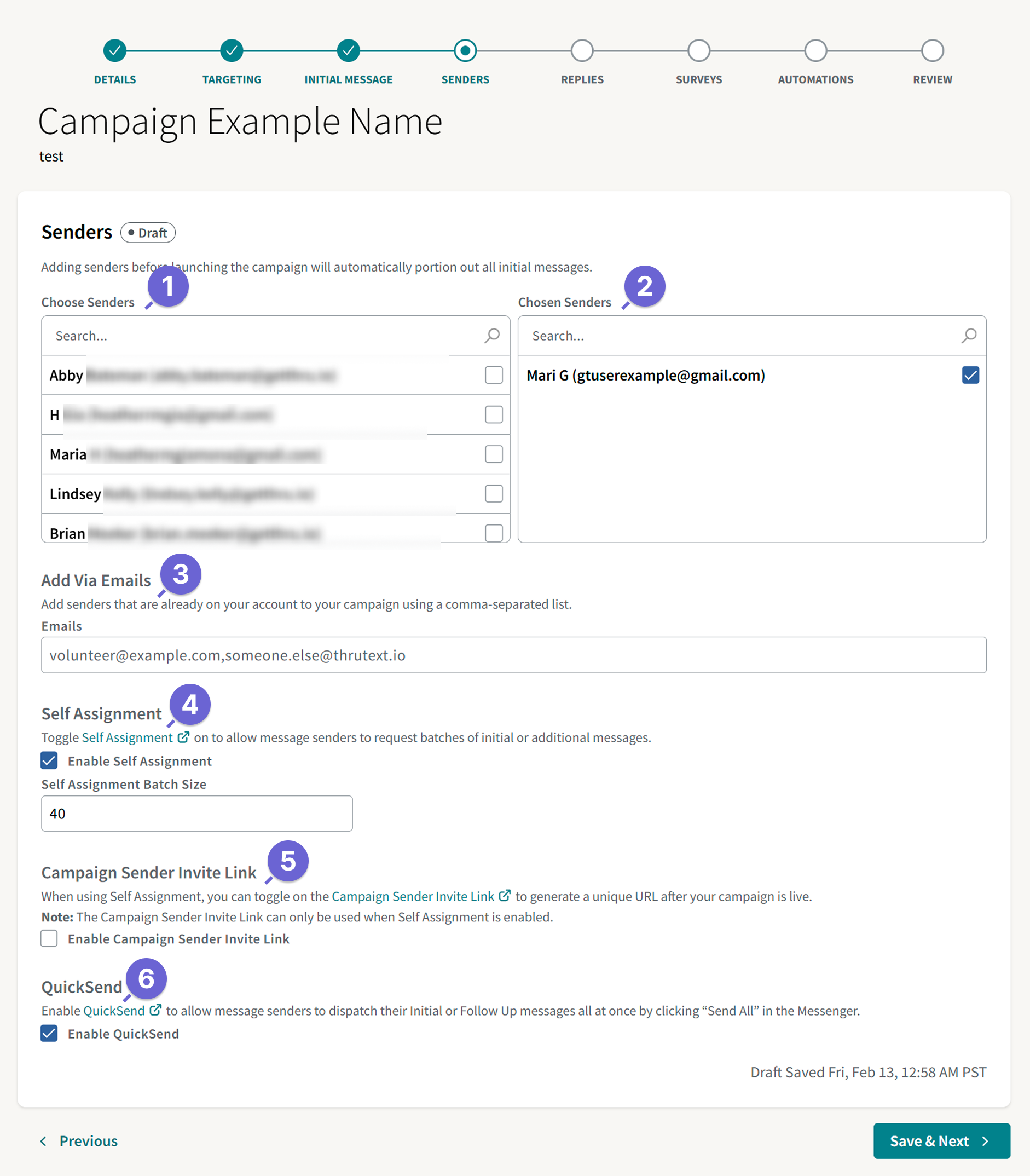Screenshot of the sender step of campaign creation.