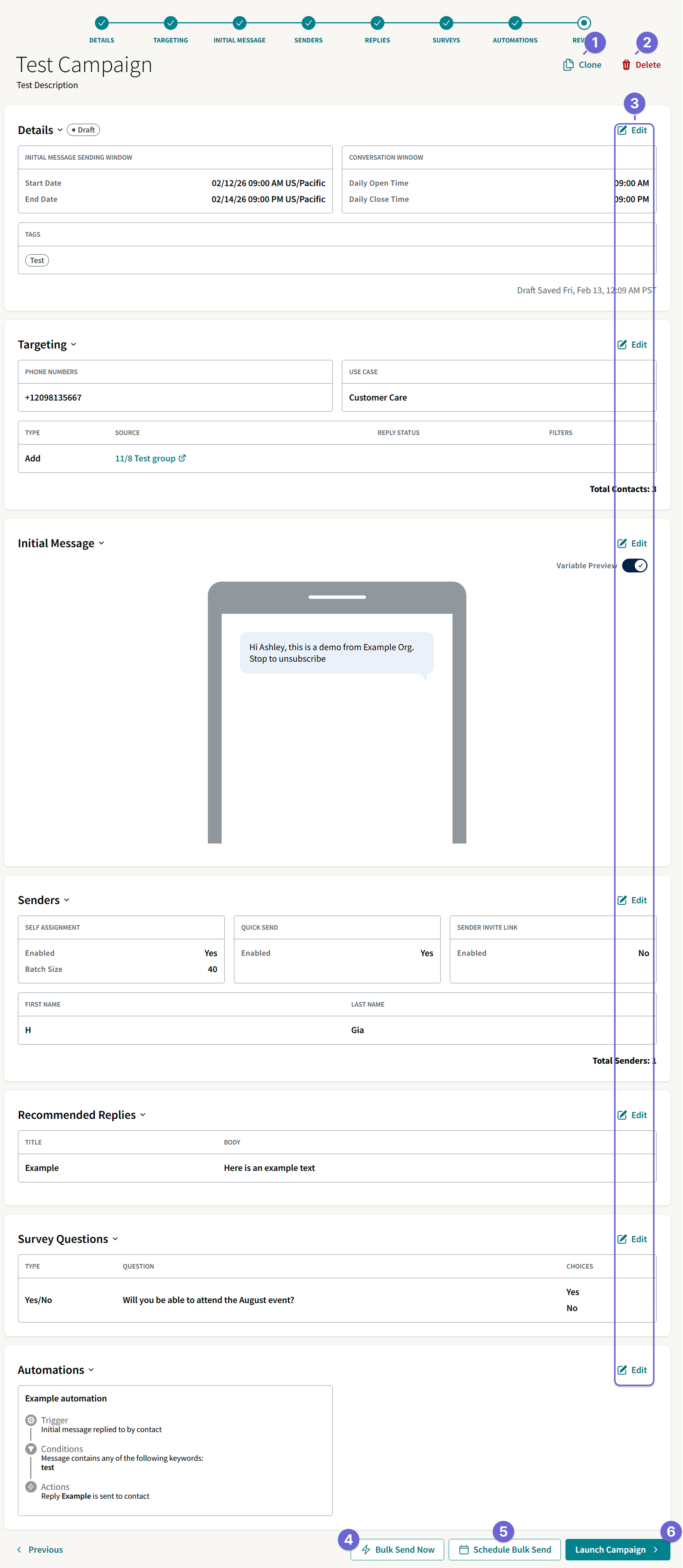 Long screenshot of the Review page showing information from each of the previous steps. The steps are represented on a single white card each, floating on a beige background.