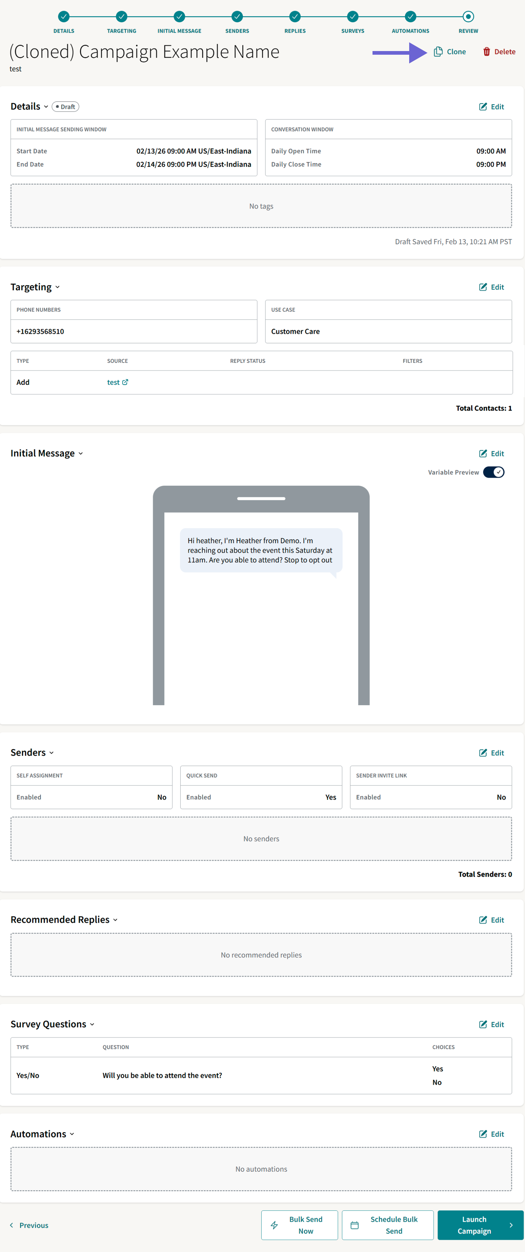 Screenshot of the ThruText campaign review page displaying editable sections for a cloned campaign. Each section—Details, Targeting, Initial Message, Senders, Replies, and Surveys—includes an "Edit" button. A purple arrow points to the “Clone” button near the top, indicating the location to initiate campaign cloning.