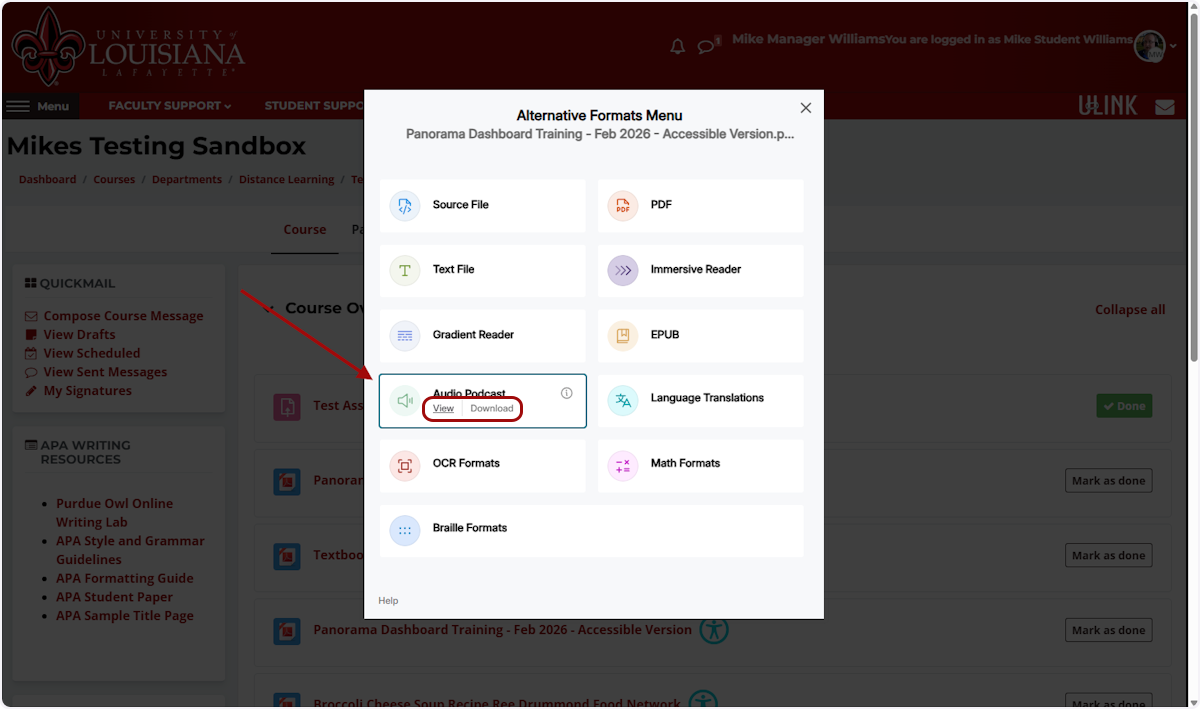 Hover your mouse over an alternate format, and click View or Download.