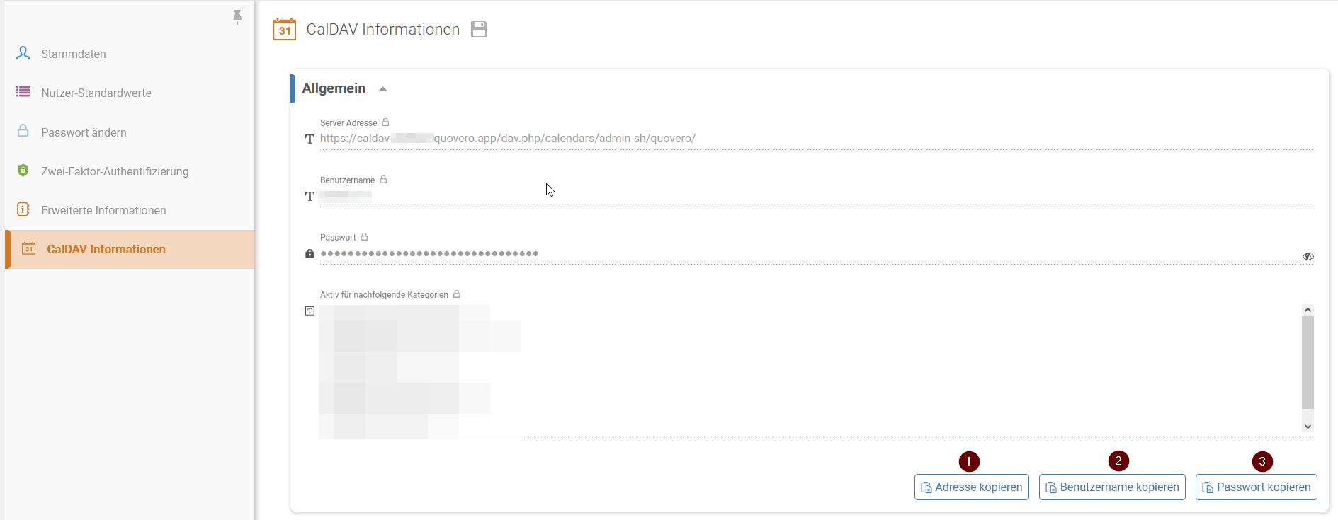 Karteireiter CalDAV Informationen in Quovero mit Nummerierung der Buttons unten rechts: 1 Adresse kopieren, 2 Benutzernamen kopieren, 3 Passwort kopieren