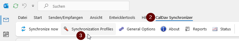 Tableiste von Outlook. Nummerierung führt durch die nächsten Schritte. 2 Tab CalDav Synchronizer, 3 Synchronization Profiles