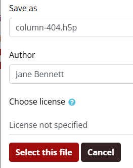 The fields Save As, Author, and Choose License can be edited
