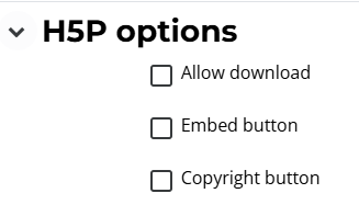 The H5P Options include: Allow download, Embed button, and Copyright Button