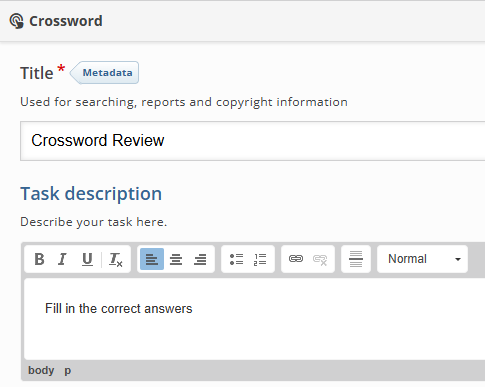Crossword has a Title and Task Description Fields.