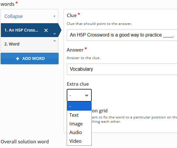 A sample clue is "An H5P Crossword is a good place to practice" and the Answer is Vocabulary.