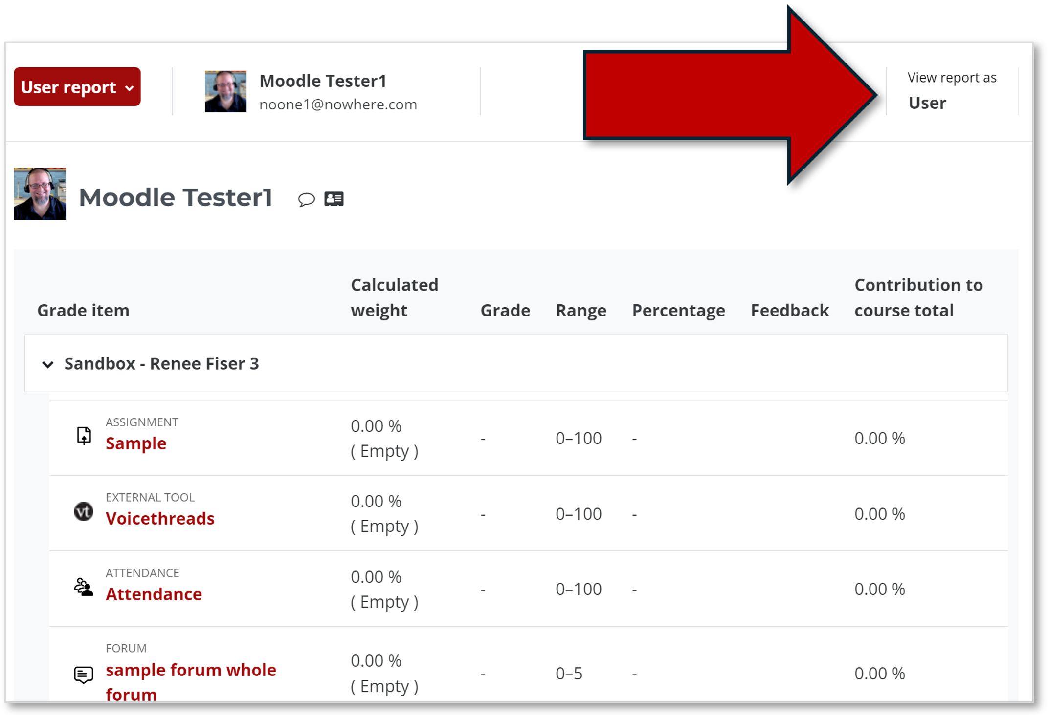 User report for a selected student