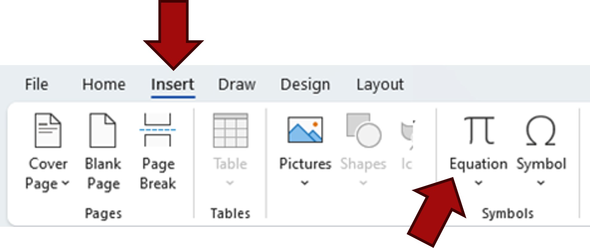 In Microsoft work, click Insert, then Equation.