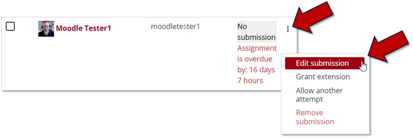 Submissions screen with the 3-dot menu selected next to an individual submission and then Edit submission selected