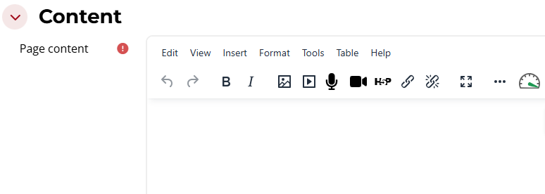 Content area text box where content for the Page can be added and edited