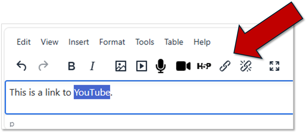 Text editor showing highlighted text and indicating the hyperlink creation button