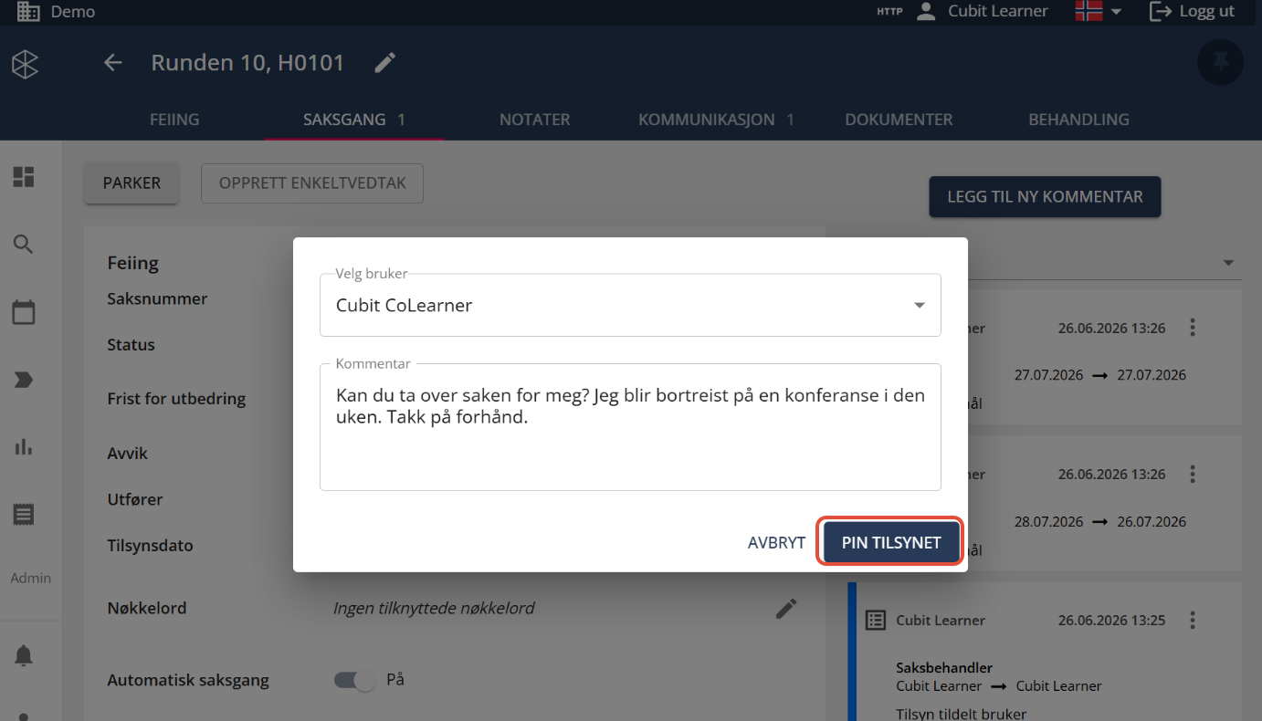 Bildetekst: Trykk på "Pin tilsynet".