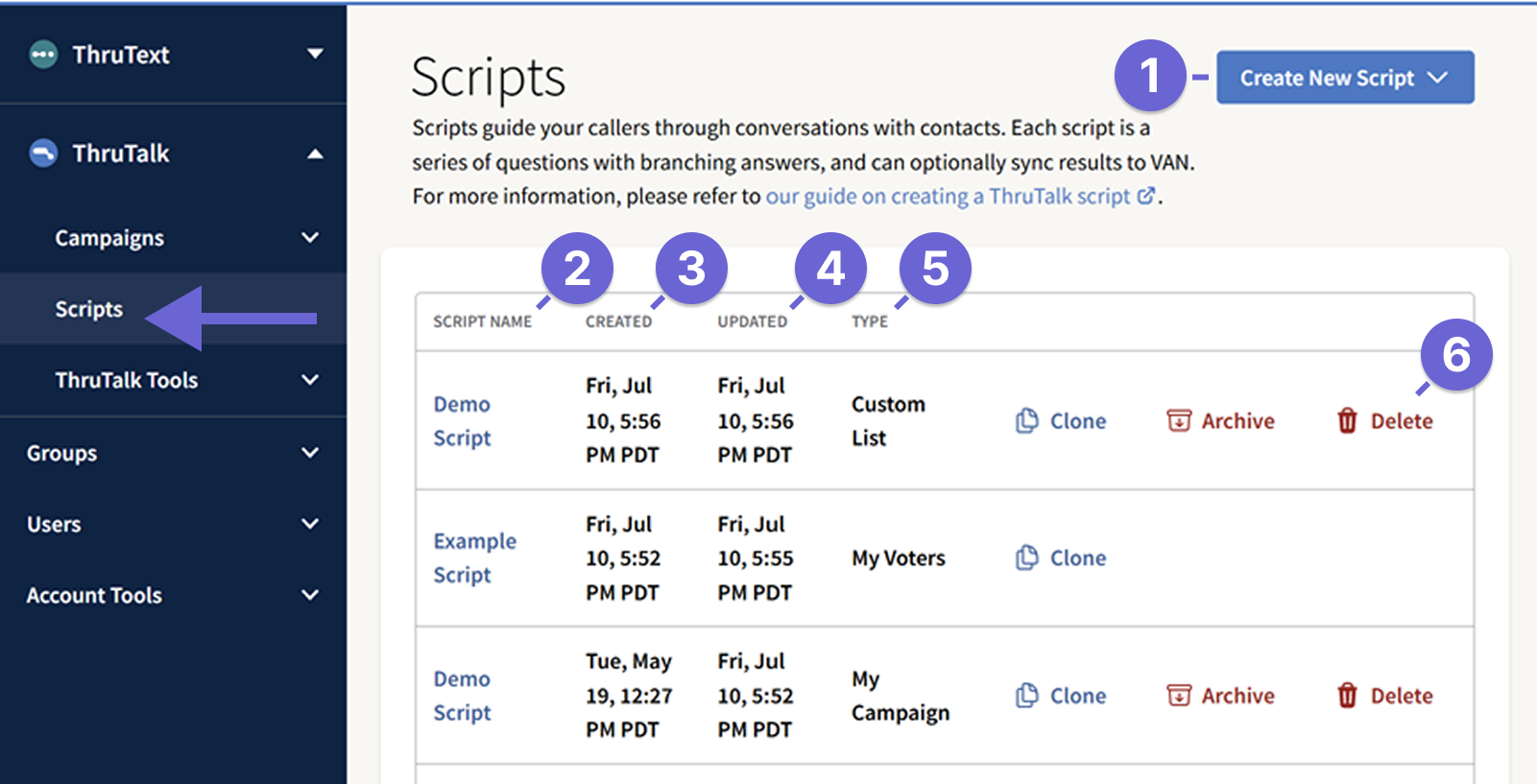 This image shows the Scripts table and breaks down the different parts of the table and page.