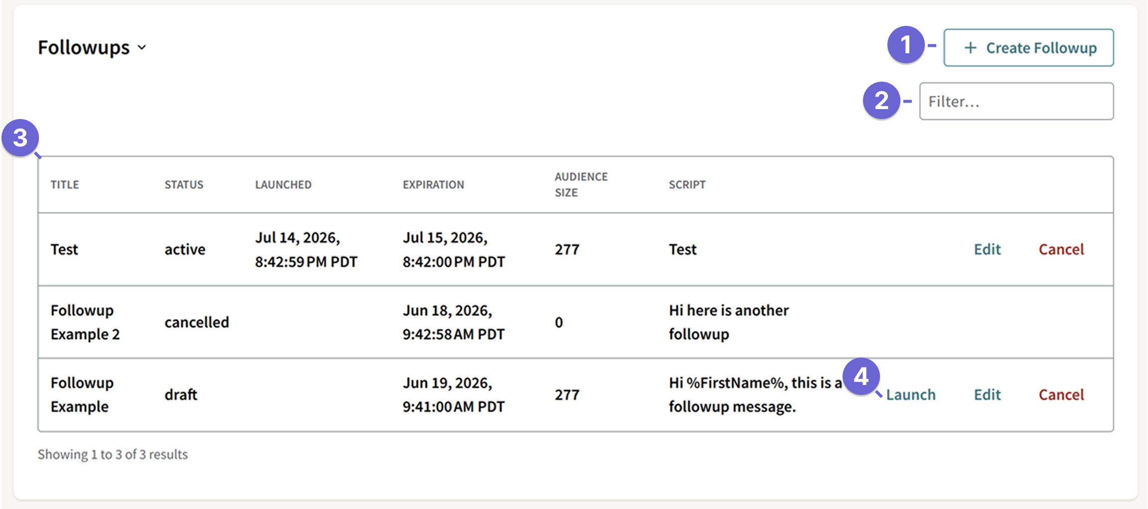 Screenshot of the Followups page and the status of active, cancelled, and draft