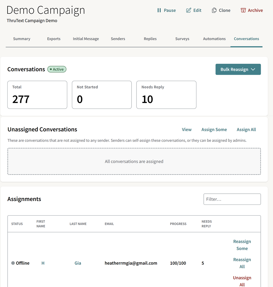 Screenshot of the Conversation Overview page within the Campaign Summary
