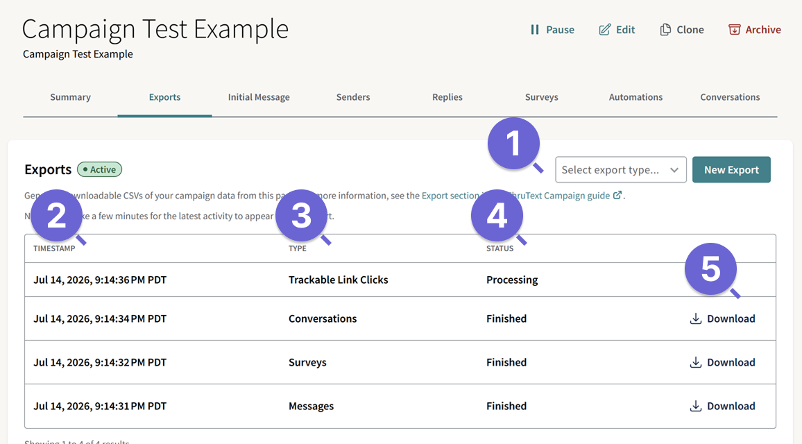 Screenshot of the Campaign Exports page within the Campaign Summary