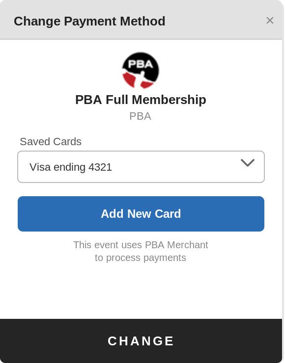 Change Payment Method screen with card selection