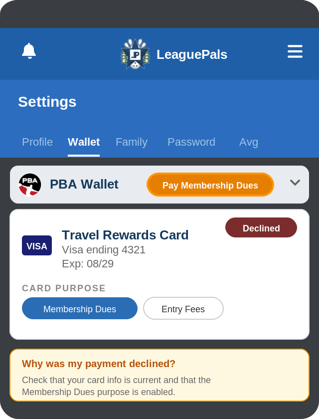 Card Purpose buttons showing Membership Dues selected