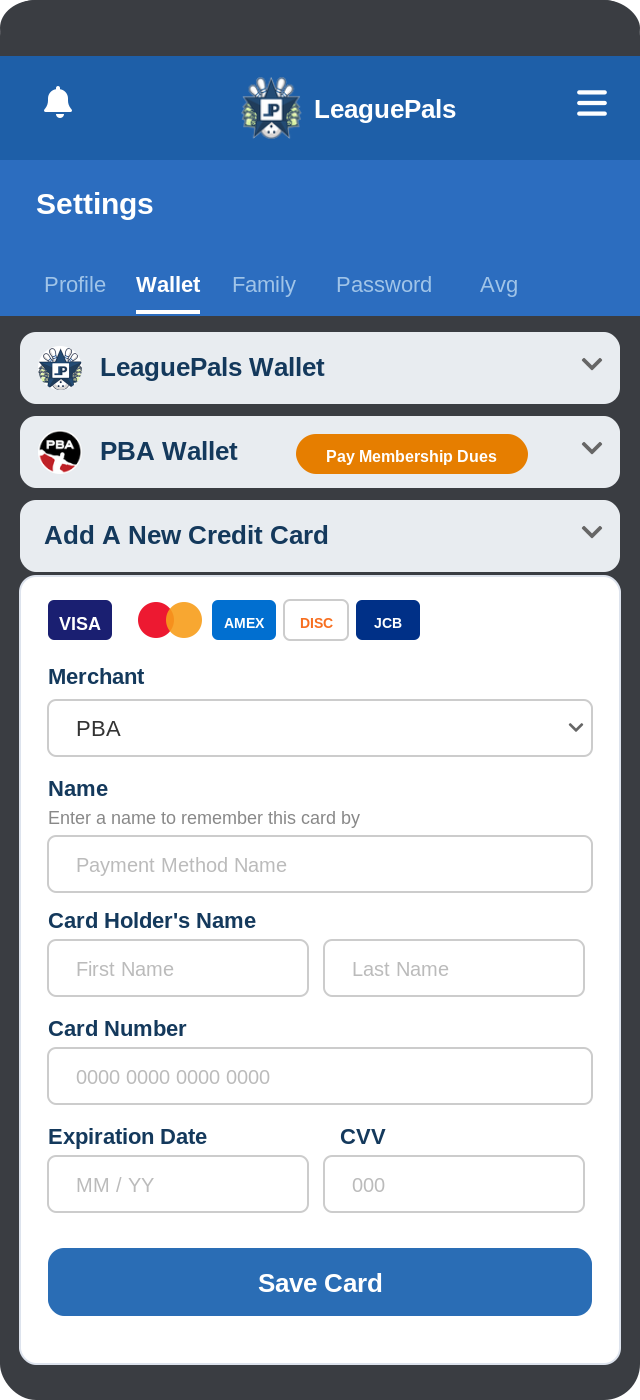 Add A New Credit Card form with fields