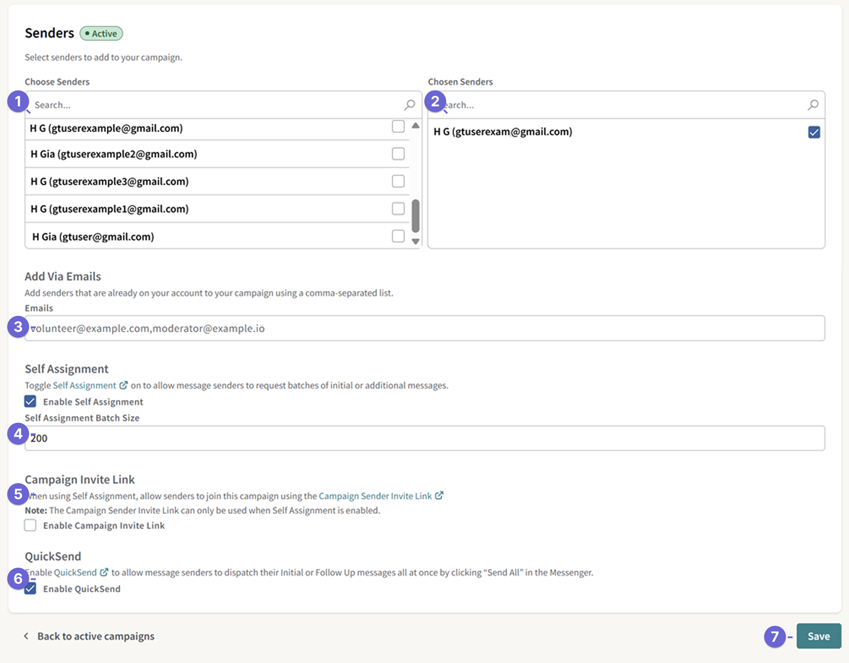 Screenshot of the Senders page within the Campaign Summary