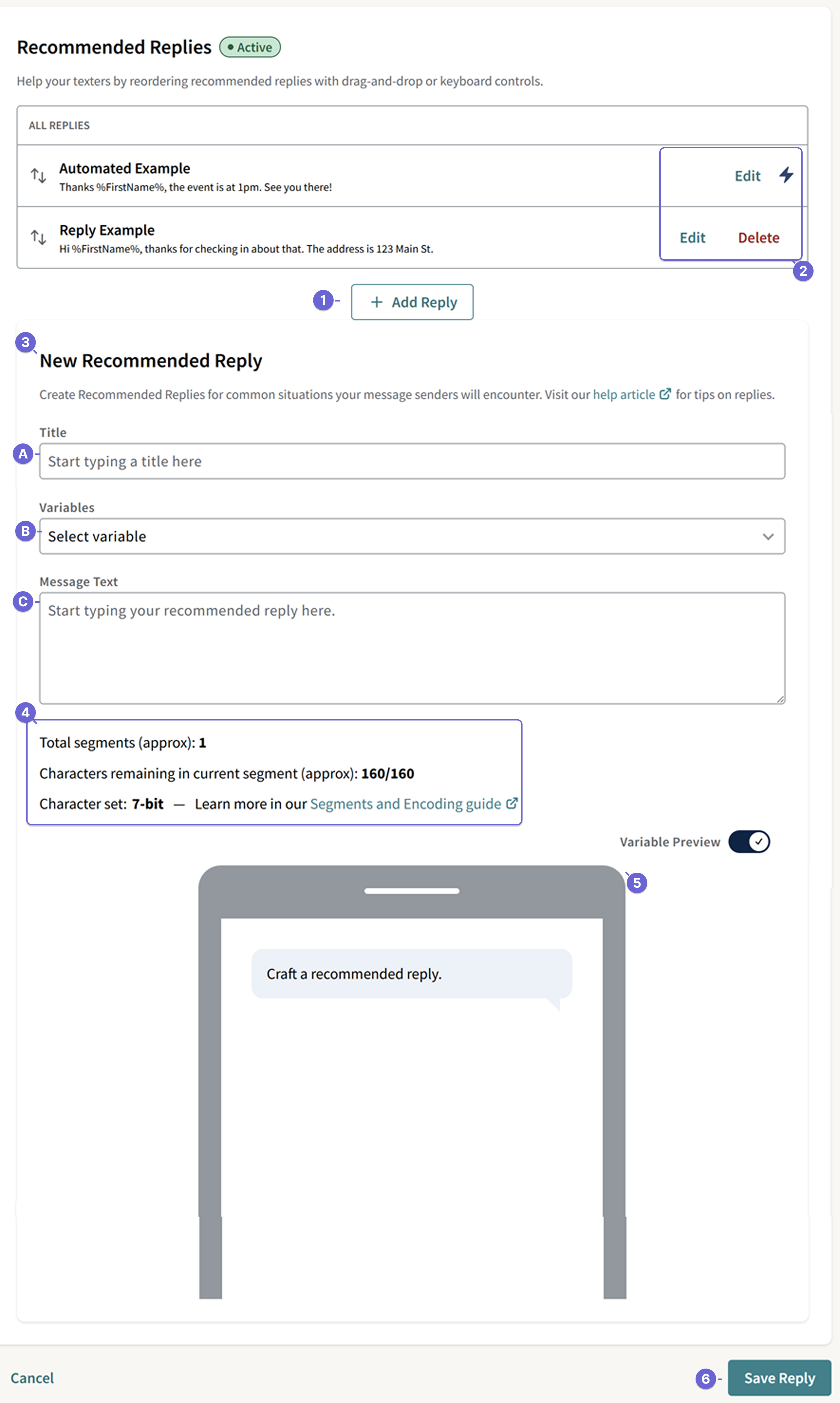 Screenshot of the Recommended Replies section for a campaign