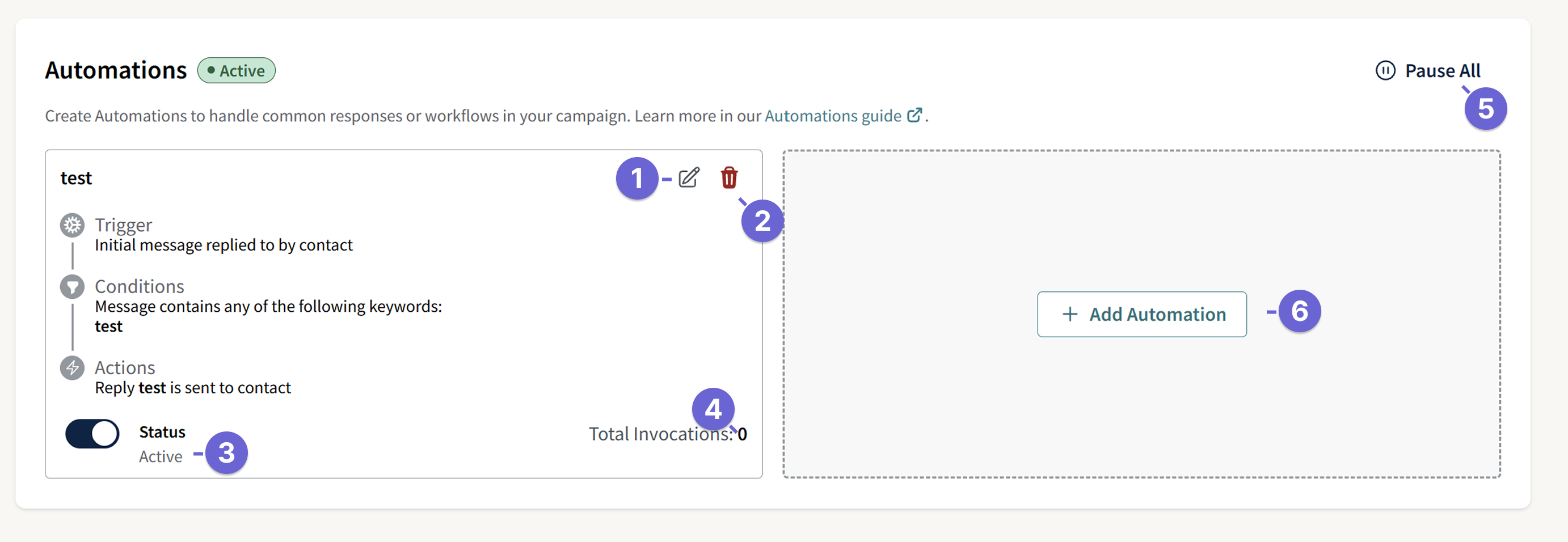 Screenshot of the active automations page