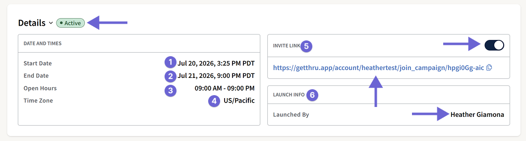 Screenshot of the Details section in the ThruTalk Campaign Summary tab, showing campaign start and end dates, dialing hours, time zone, and an invite link. Labels indicate each field and the toggle to enable or disable the invite link.