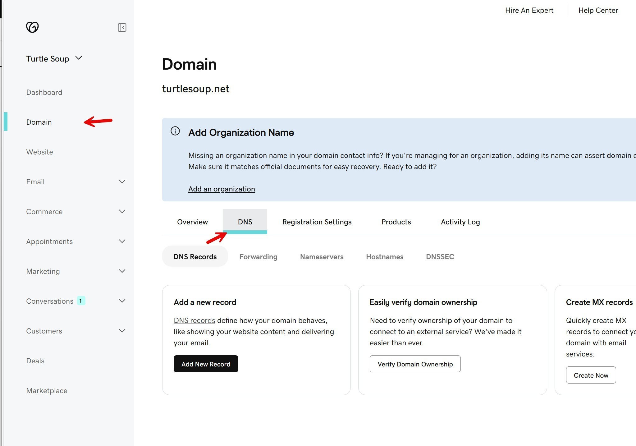 GoDaddy DNS records
