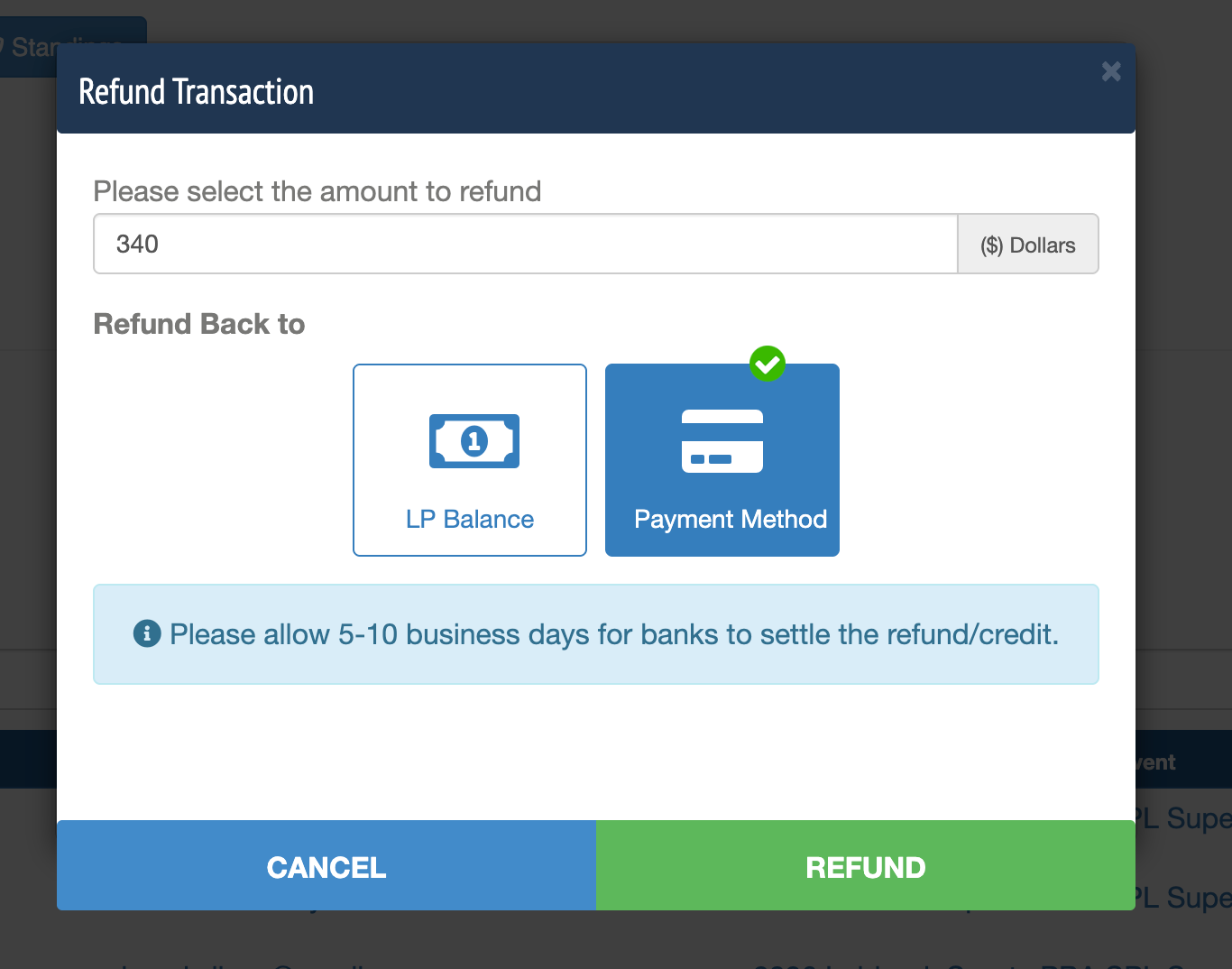Refund Transaction window with the refund amount field and Payment Method selected as the refund destination
