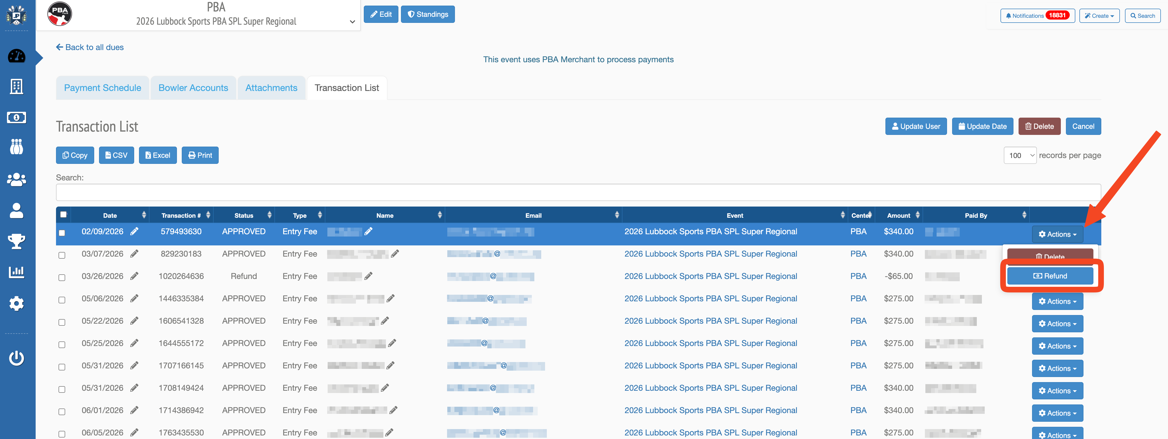 Transaction row in edit mode with the row-level Actions menu open and Refund highlighted