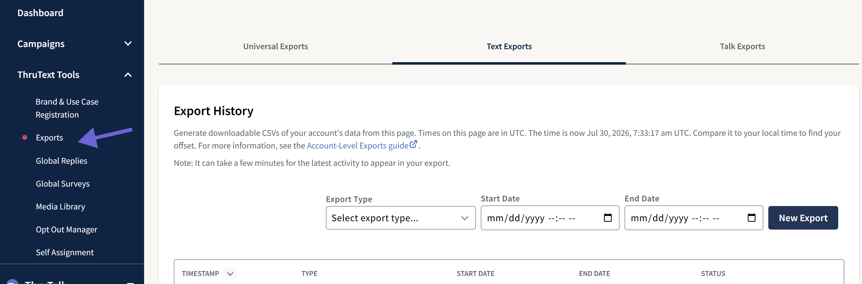 This image shows the ThruText Account-level Exports page, and highlights where it can be found in the sidebar navigation menu.