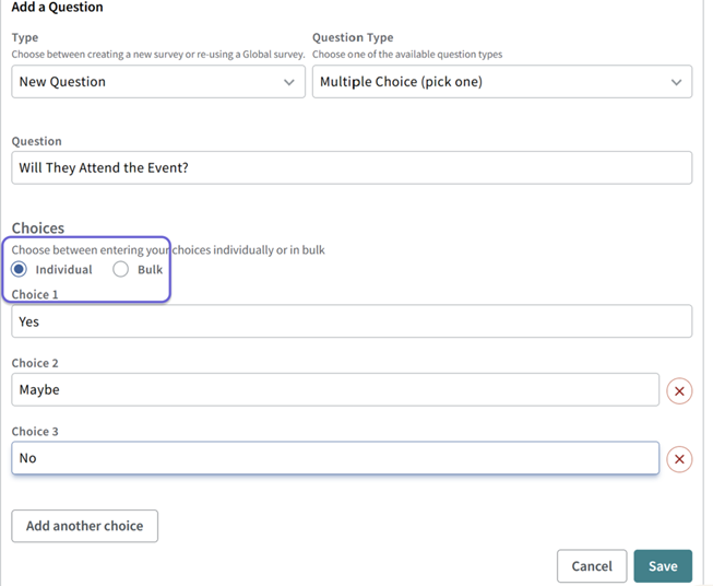 This image shows the multiple choice survey question creator and highlights the comma separated list in the Choices form.