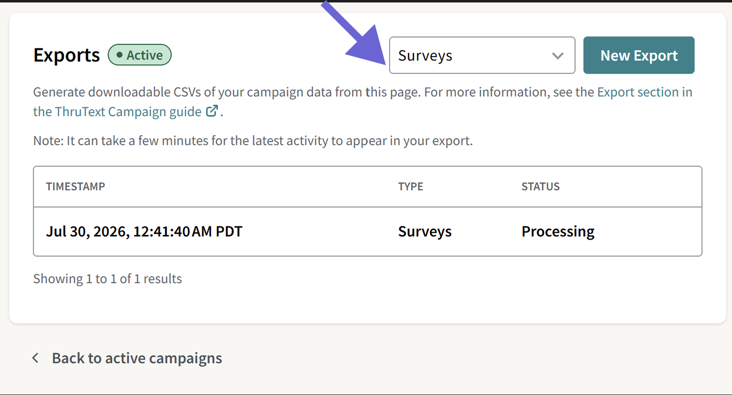This image shows the campaign exports page and highlights the dropdown where you can select surveys exports.