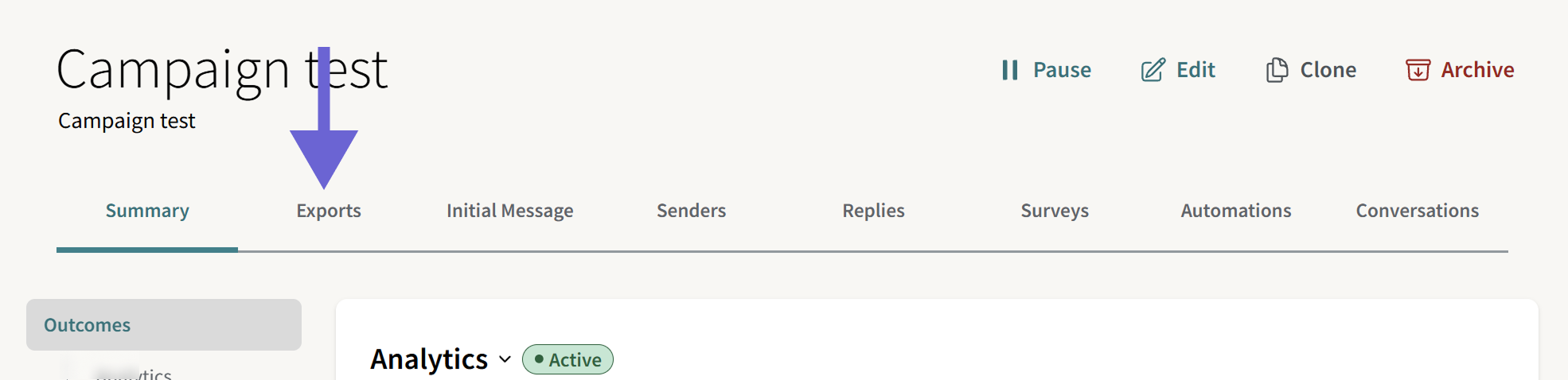 This image shows the campaign summary page and highlights the export action button.