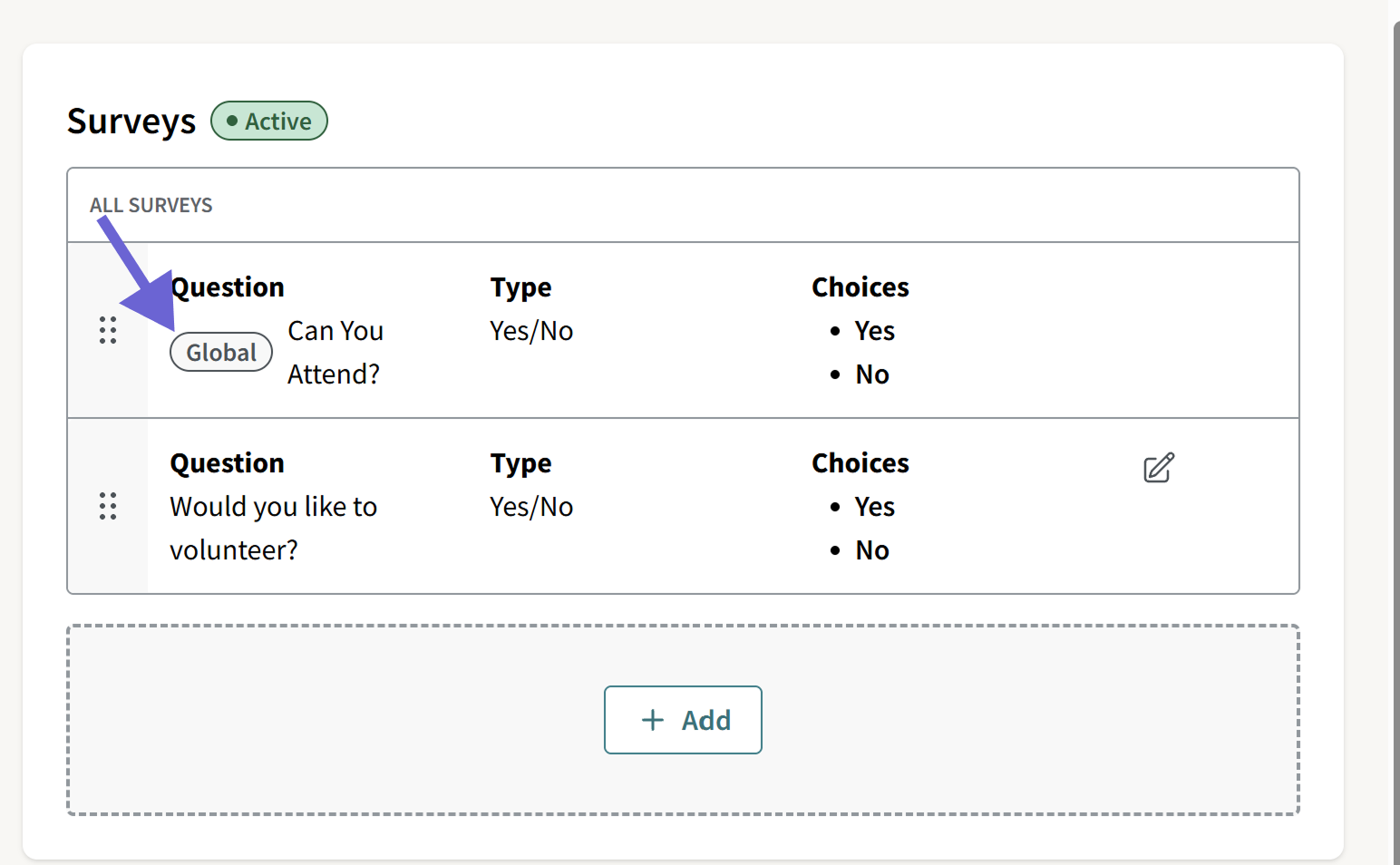 This image shows global survey questions after they've been added to a campaign and highlights (Global) in the title.