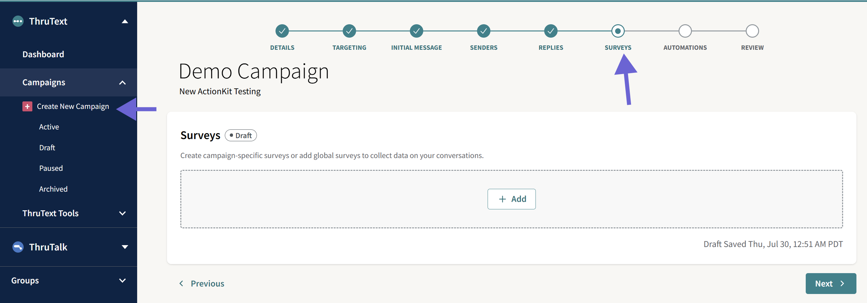 This image shows the Surveys page on the campaign creation wizard. It also shows where you can create a new campaign in the sidebar navigation menu.