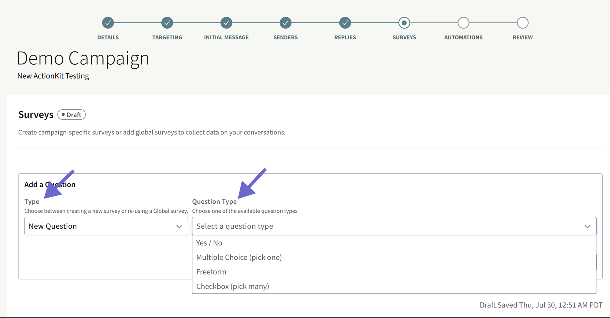 This image shows the full survey questions page in the campaign creation wizard. It highlights where you select new questions versus global questions.