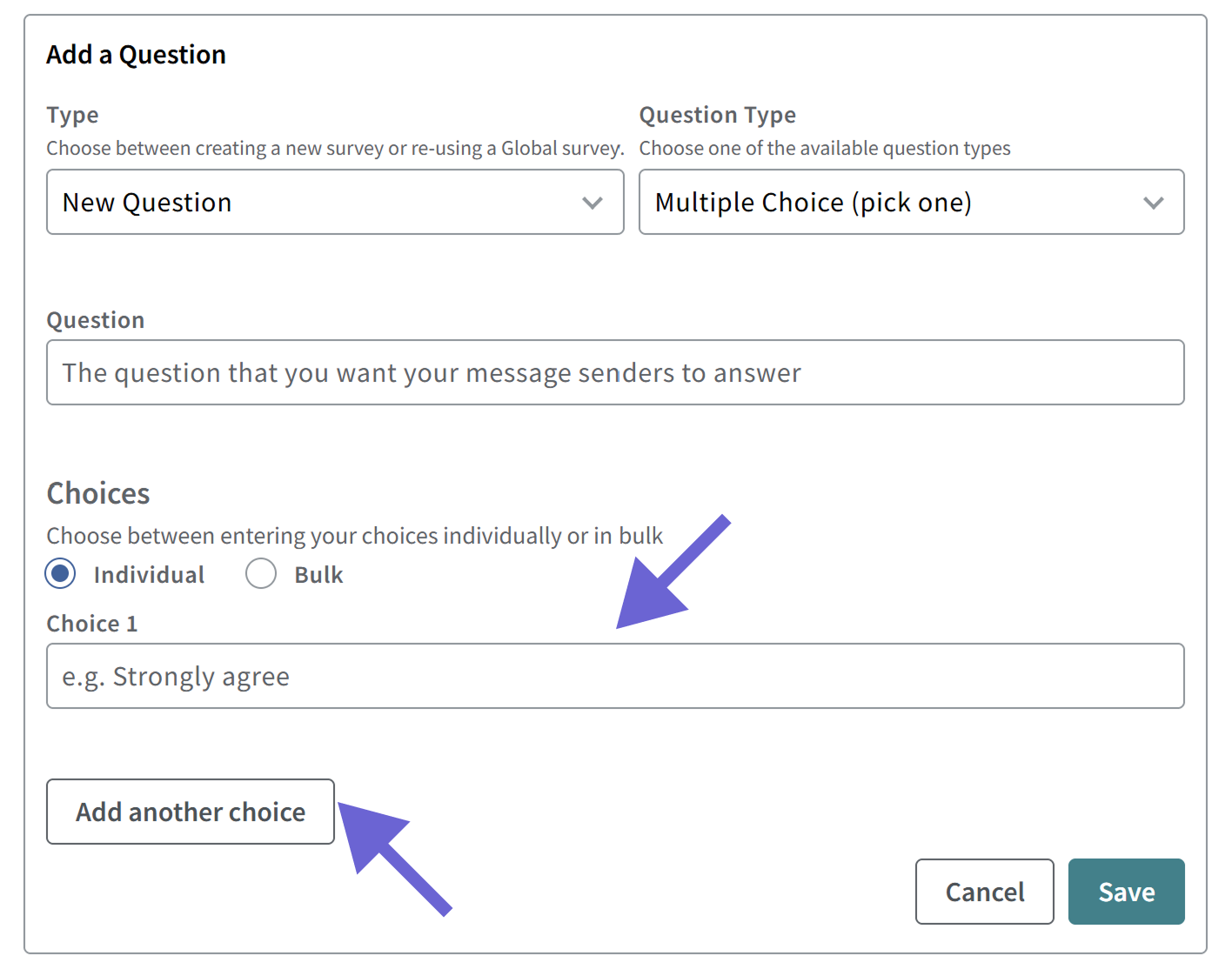 This image shows an example multiple choice survey question being created.