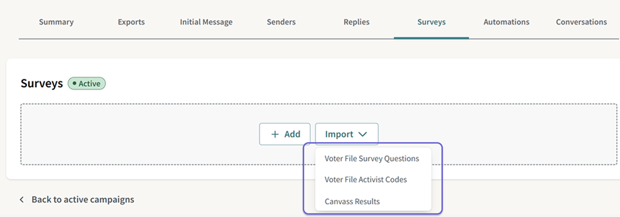 Screenshot of the VAN Question Types for MyVoters