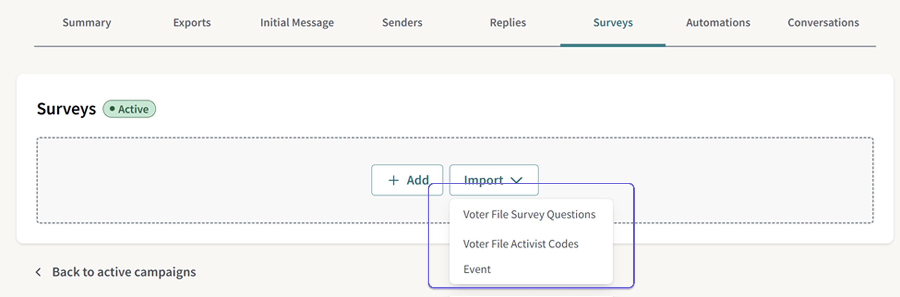 Screenshot of the VAN Question Types for MyCampaign