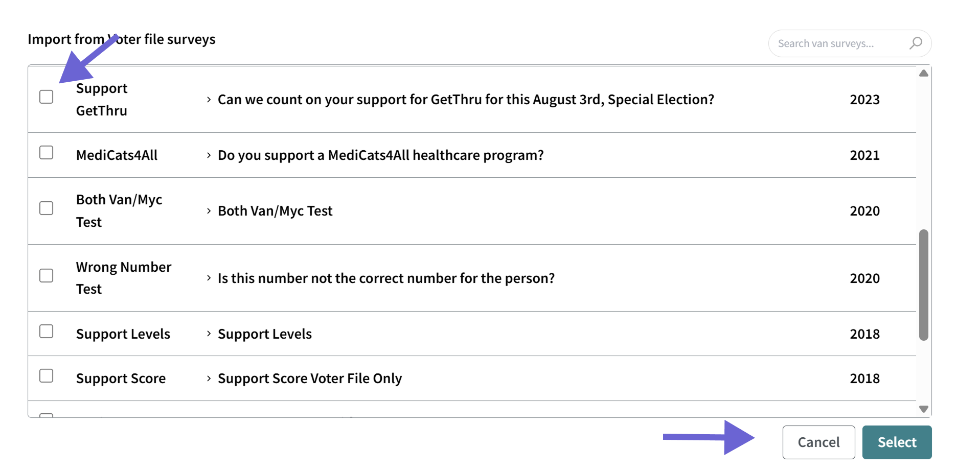 Screenshot of the VAN search field for survey question selection