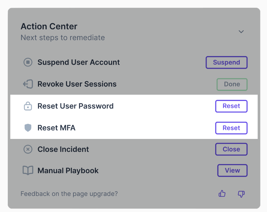 Guardz Action Center showing Reset User Password and Reset MFA options